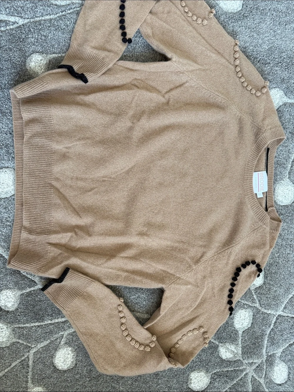 Brodie Cashmere Beige Crewneck Sweater with Bead Embellishments